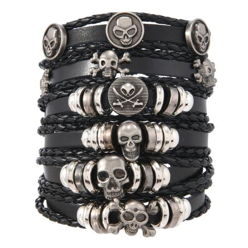 Pulseras de Cordón de PU, Cuero de PU, con Cáñamo & Cordón de cera & madera & plástico recubierto de cobre & aleación de zinc, hecho a mano, Diseño de Halloween & 6 piezas & para hombre, Negro, Vendido por Set