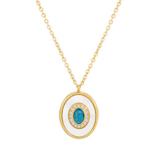 Cubic Zirconia Stainless Steel Necklace, 304 Stainless Steel, with Synthetic Turquoise & White Shell, Vacuum Ion Plating, micro pave cubic zirconia & for woman, gold Approx 47 cm 