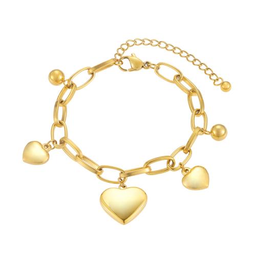 Stainless Steel Charm Bracelet, 304 Stainless Steel, Heart, Vacuum Ion Plating, for woman, gold Approx 21.7 cm 