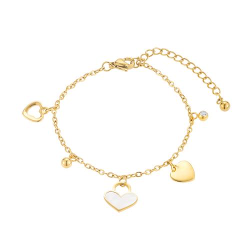 Stainless Steel Charm Bracelet, 304 Stainless Steel, Heart, Vacuum Ion Plating, for woman & enamel, gold Approx 21.7 cm 