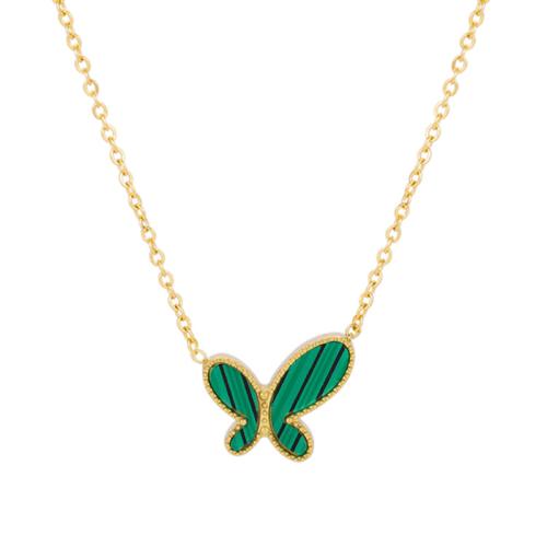 Stainless Steel Jewelry Necklace, 304 Stainless Steel, with Synthetic Malachite, Butterfly, Vacuum Ion Plating, for woman, gold Approx 49.2 cm 