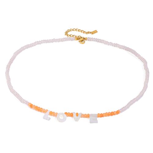 Collier de perles en plastique, Acier inoxydable 304, avec Pierre naturelle & perle de plastique, Placage, pour femme, Or, Vendu par PC