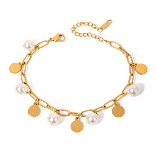 Acero inoxidable Pulsera con dijes, acero inoxidable 304, con Perlas plásticas, chapado, para mujer, dorado, Vendido por UD