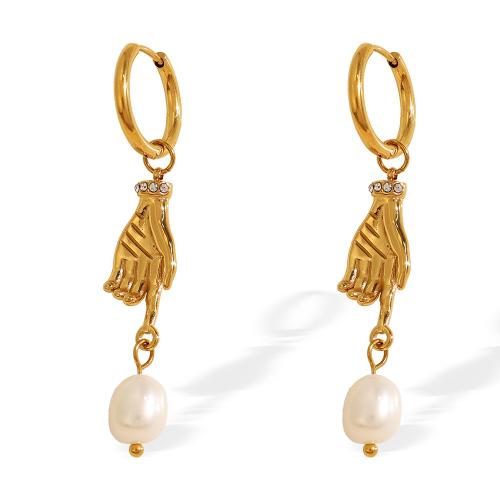 Freshwater Pearl Drop Earring, 304 Stainless Steel, with Freshwater Pearl, Hand, plated, fashion jewelry & for woman & with rhinestone, golden 