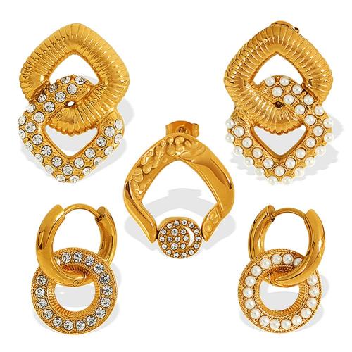 Stainless Steel Rhinestone Stud Earring, 304 Stainless Steel, plated & for woman & with rhinestone & hollow, golden 