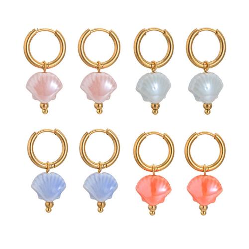 Stainless Steel Drop Earring, 304 Stainless Steel, with Resin, Shell, 18K gold plated, fashion jewelry & for woman 