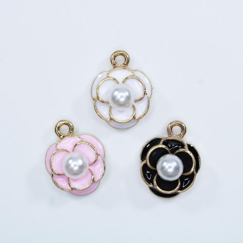 Zinc Alloy Enamel Pendants, with Plastic Pearl, Flower, gold color plated, DIY Approx 