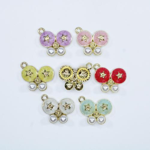 Zinc Alloy Enamel Pendants, with Plastic Pearl, Butterfly, gold color plated, DIY Approx 