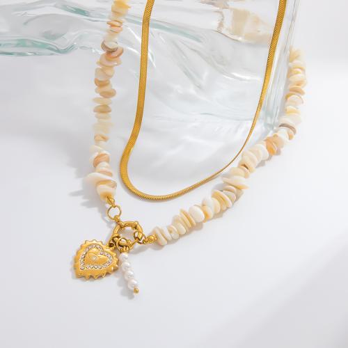 Gemstone Necklaces, 304 Stainless Steel, with ABS Plastic Pearl & Gemstone, gold color plated, fashion jewelry & with rhinestone, golden 