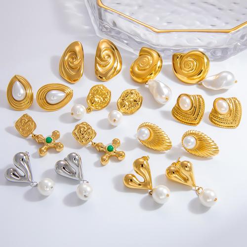 Stainless Steel Drop Earring, 304 Stainless Steel, with ABS Plastic Pearl, gold color plated, fashion jewelry 