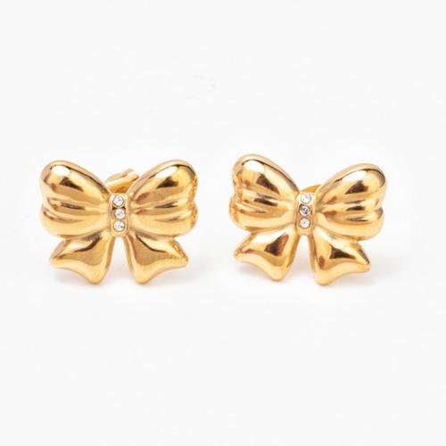 Stainless Steel Rhinestone Stud Earring, 304 Stainless Steel, Bowknot, Vacuum Ion Plating, fashion jewelry & for woman & with rhinestone 