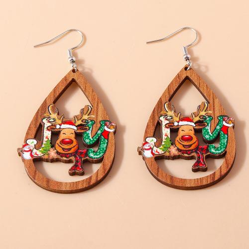 Christmas Earrings, Wood, with Zinc Alloy, Teardrop, Christmas Design & for woman & hollow 