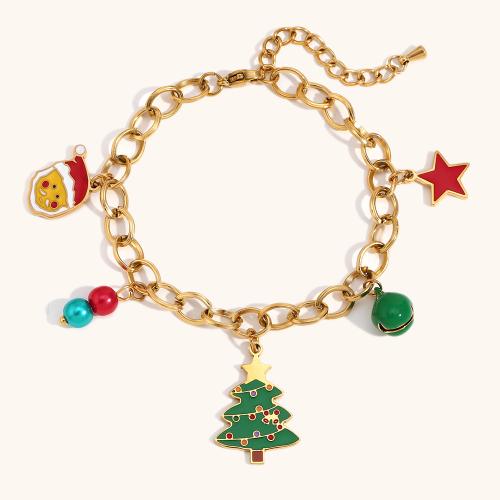 Stainless Steel Charm Bracelet, 304 Stainless Steel, 18K gold plated, Christmas Design & for woman & enamel 