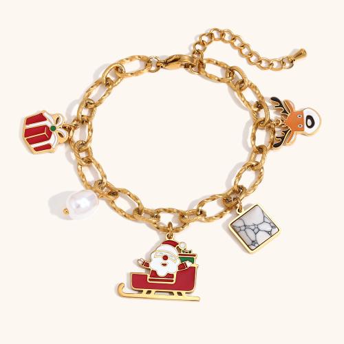 Stainless Steel Charm Bracelet, 304 Stainless Steel, 18K gold plated, Christmas Design & for woman & enamel 