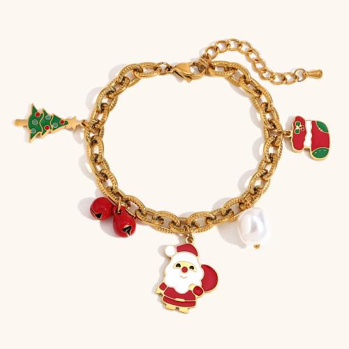 Stainless Steel Charm Bracelet, 304 Stainless Steel, 18K gold plated, Christmas Design & for woman & enamel 