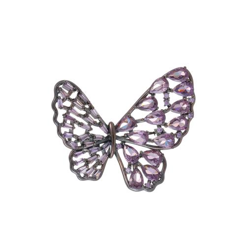 Cubic Zirconia Brooch, Brass, Butterfly, plated, micro pave cubic zirconia & for woman, purple 