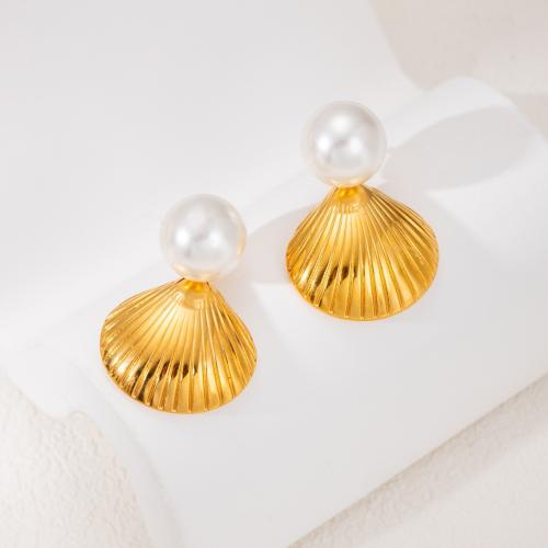 Stainless Steel Pearl Stud Earring, 304 Stainless Steel, with Plastic Pearl, 18K gold plated, fashion jewelry & for woman, golden [