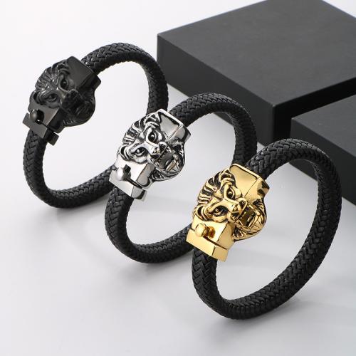 PU Leather Cord Bracelets, 304 Stainless Steel, with PU Leather, Lion, plated, for man cm [