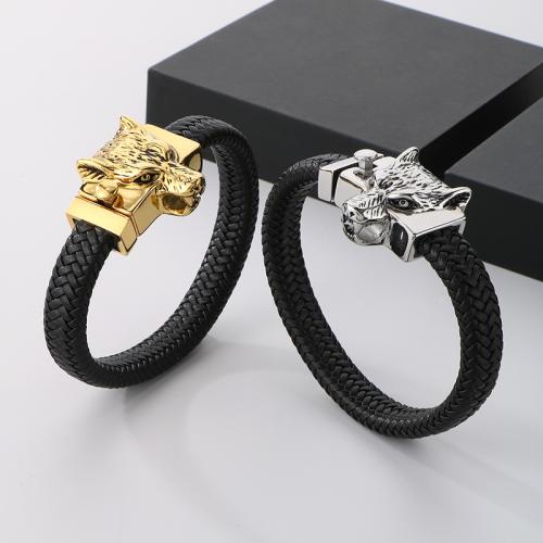 PU Leather Cord Bracelets, 304 Stainless Steel, with PU Leather, Wolf, plated, for man cm [