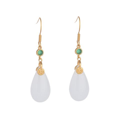 Brass Drop Earring, with Synthetic Jade, fashion jewelry & for woman, 50mm 