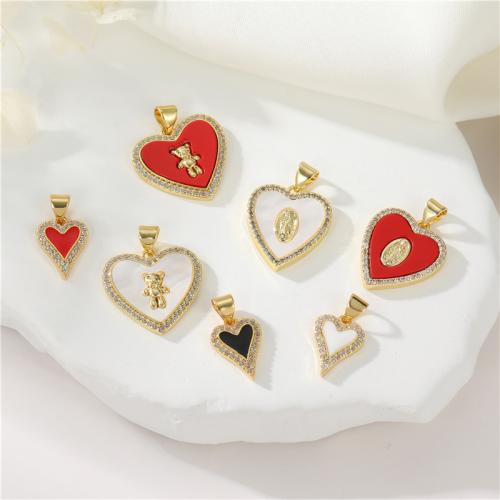 Enamel Brass Pendants, with Shell, Heart, gold color plated, DIY & micro pave cubic zirconia 