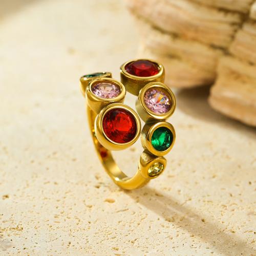 Cubic Zirconia anillo de dedo de acero inoxidable, acero inoxidable 304, chapado en color dorado, micro arcilla de zirconia cúbica & para mujer, multicolor, Vendido por UD