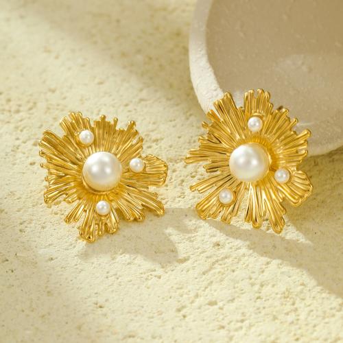 Stainless Steel Stud Earring, 304 Stainless Steel, with Plastic Pearl, Flower, gold color plated, for woman 