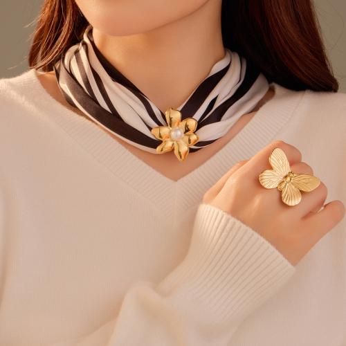 Scarf Buckle, 304 Stainless Steel, with Plastic Pearl, Flower, gold color plated, for woman [