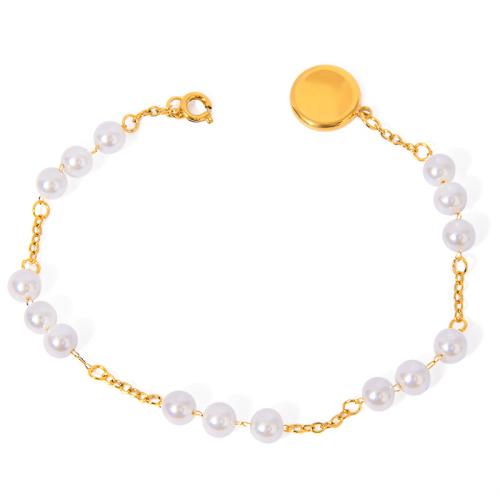 Stainless Steel Chain Bracelets, 304 Stainless Steel, with Plastic Pearl, plated, for woman, gold [