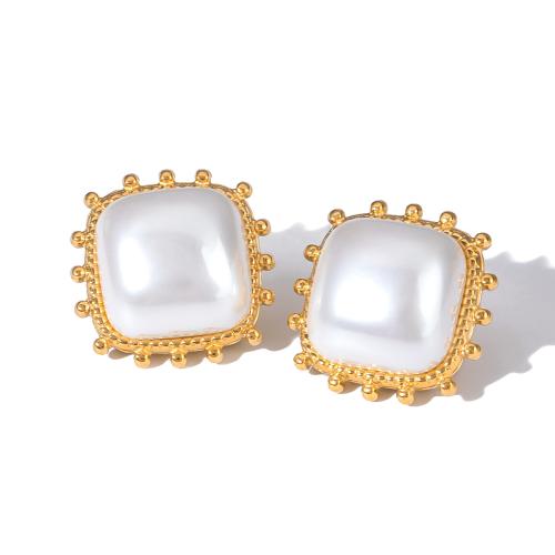 Stainless Steel Stud Earring, 304 Stainless Steel, with Plastic Pearl, plated, for woman, gold 