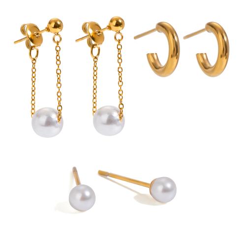 Stainless Steel Drop Earring, 304 Stainless Steel, with Plastic Pearl, plated, three pieces & for woman, gold 