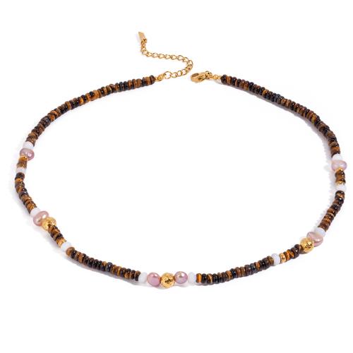 Gemstone Necklaces, 304 Stainless Steel, with Natural Stone & Tiger Eye & Plastic Pearl, plated, for woman, gold 