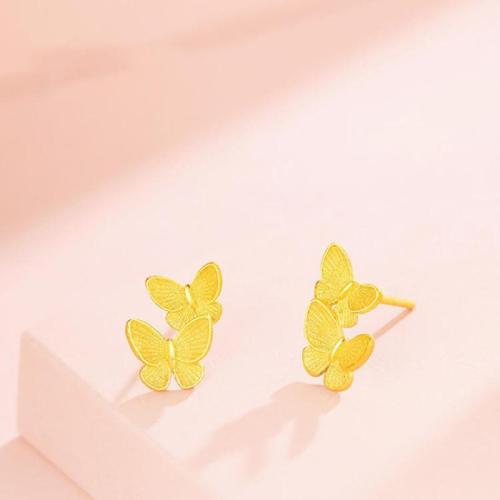 Brass Stud Earring, Butterfly, gold color plated, sand blast & for woman 