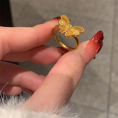 Brass Cuff Finger Ring, Butterfly, sang gold plated, for woman & with rhinestone & hollow, US Ring .5 