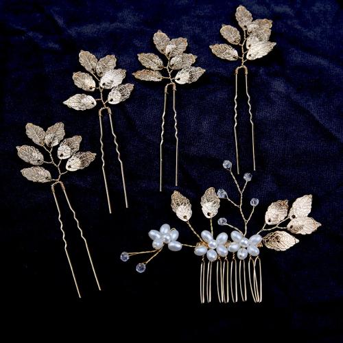 Zinc Alloy Hair Jewelry Set, with Crystal & Plastic Pearl, 5 pieces & for bridal & for woman, golden, Hair fork 11*3.5cm,Hair comb 10*7cm 