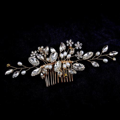 Decorative Hair Combs, Iron, with brass wire & Plastic Pearl, for bridal & for woman & with rhinestone, golden 