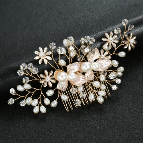 Decorative Hair Combs, Zinc Alloy, with brass wire & Crystal & Plastic Pearl, for bridal & for woman, golden 