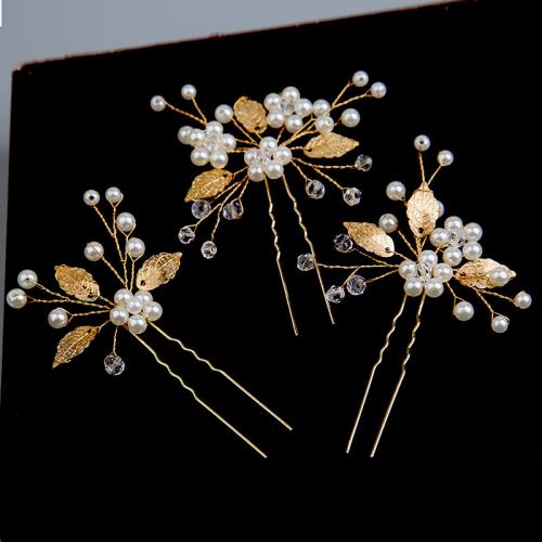 Hair Stick, Zinc Alloy, with brass wire & Plastic Pearl, three pieces & for bridal 