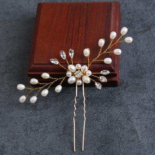 Hair Stick, Iron, with brass wire & Plastic Pearl, for bridal & with rhinestone 