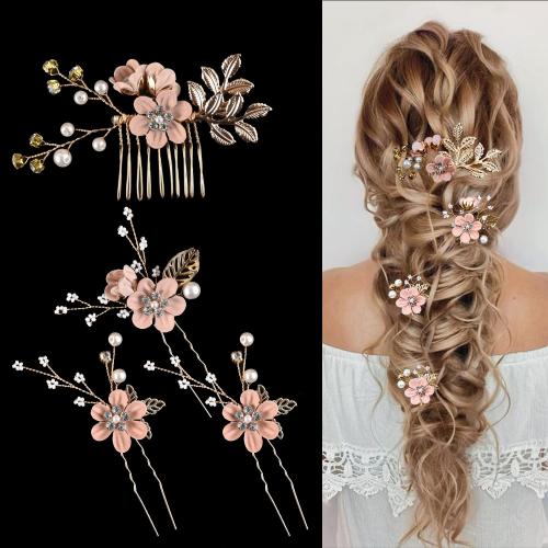 Iron Hair Jewelry Set, with Plastic Pearl, 4 pieces & for bridal & with rhinestone Hair comb Large size 17*6cm,Hair comb 11*5cm,Hair 10*3cm 