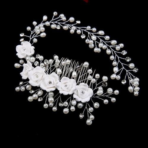 Decorative Hair Combs, Iron, with brass wire & Polymer Clay & Plastic Pearl, for bridal & with rhinestone, white 