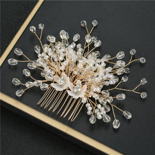 Decorative Hair Combs, Iron, with brass wire & Crystal, for bridal, golden 