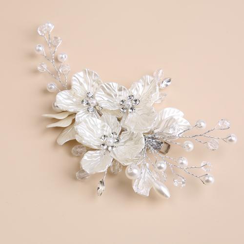 Alligator Hair Clip, Iron, with Crystal & Plastic Pearl, for bridal, silver color 