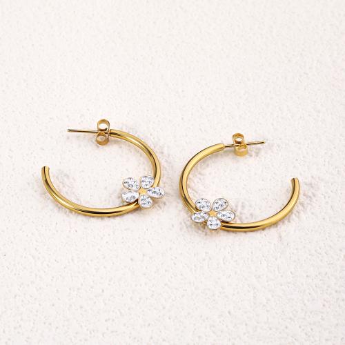 Stainless Steel Rhinestone Stud Earring, 304 Stainless Steel, 18K gold plated, fashion jewelry & for woman & with rhinestone, golden, 30mm 