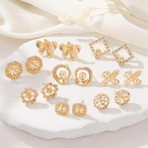 Brass Earring Stud Component, gold color plated, DIY & micro pave cubic zirconia 