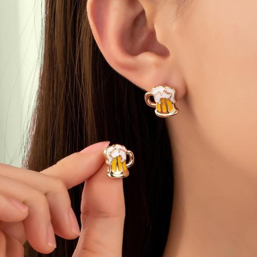 Iron Stud Earring, Cup, gold color plated, for woman & enamel, yellow 