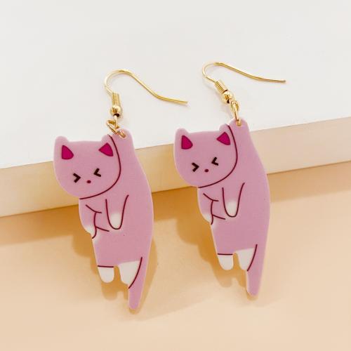 Acrylic Drop Earring, Cat, gold color plated, for woman, pink 