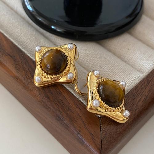 Gemstone Stud Earring, Zinc Alloy, with ABS Plastic Pearl & Gemstone, gold color plated, fashion jewelry, golden 