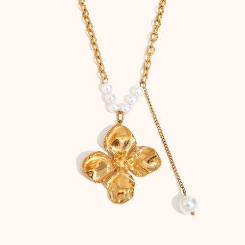 Stainless Steel Jewelry Necklace, 304 Stainless Steel, with Plastic Pearl, with 5cm extender chain, 18K gold plated, fashion jewelry & for woman cm 