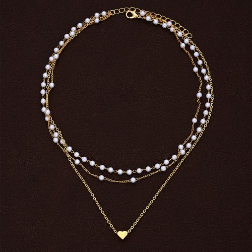 Collar de perlas de plástico, aleación de zinc, con Perlas plásticas, chapado, tres capas & Joyería & para mujer, dorado, Vendido por UD